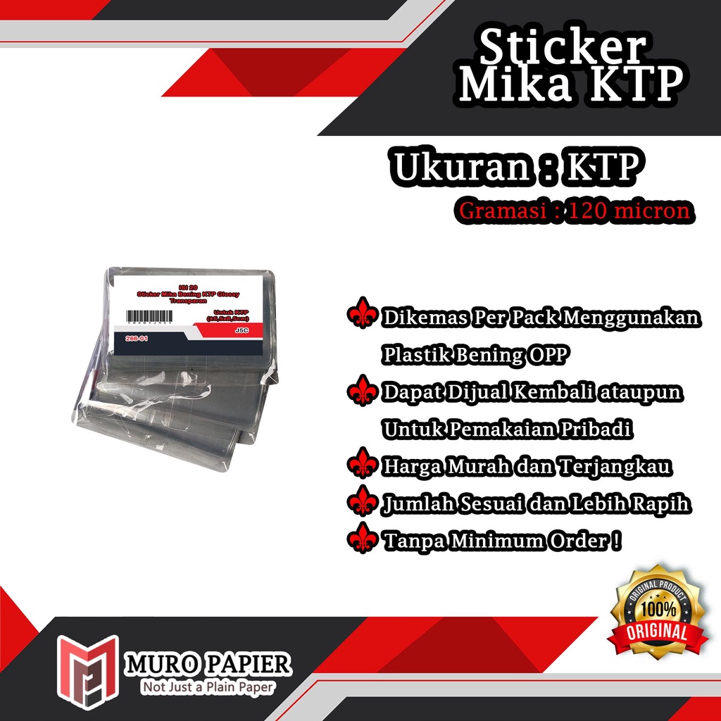

( PER PAK - ISI 20 ) Sticker Mika Glossy KTP dan ID Card 150 Micron - by Muro Papier