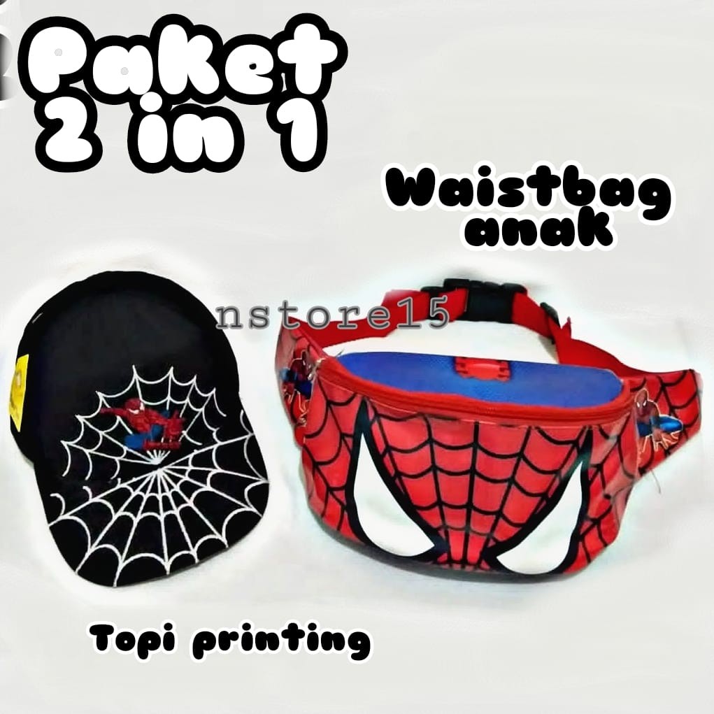 (COD) PAKET 2IN1 TOPI &amp; TAS PINGGANG ANAK LAKI-LAKI SPIDERMAN / WAITSBAG ANAK KEREN / TAS ANAK MURAH