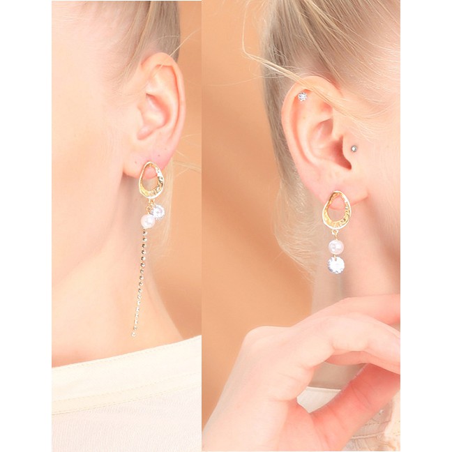 LRC Anting Tusuk Fashion Gold Openwork Geometric S925 Sterling Silver Asymmetric Tassel Earrings