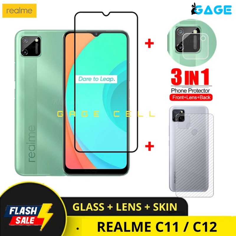 3IN1 TEMPERED GLASS LAYAR KAMERA SKIN CARBON REALME C11 C12 TG ANTI GORES FULL LAYAR SCREEN