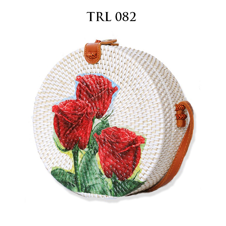 Sweet Honey ~ Grosir Tas Rotan Bali Bulat Lukis Decoupage Motif Bunga Mawar TRL082 [Bisa COD Bayar di tempat]