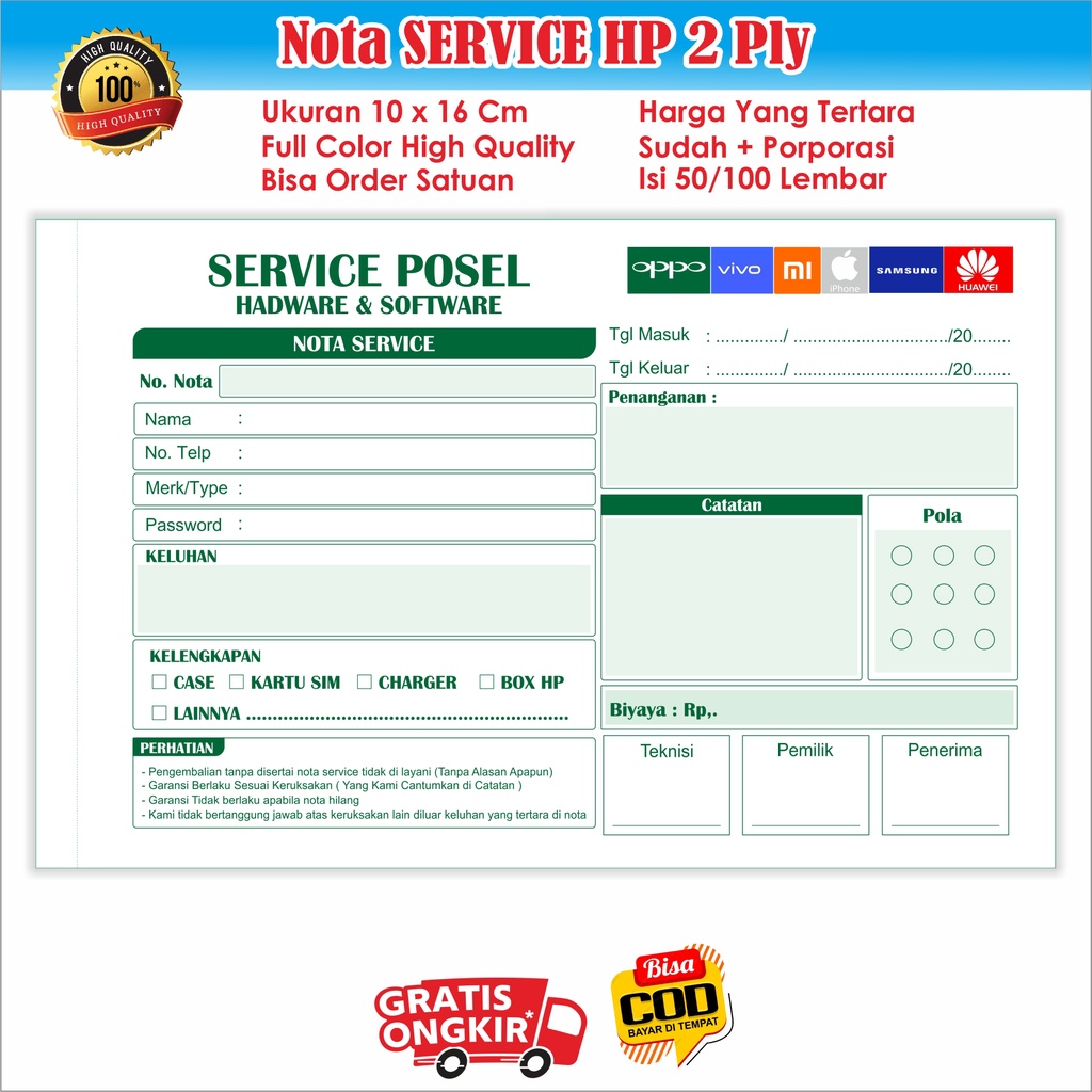 Jual NOTA SERVIC PONSEL 2 Ply UKURAN 10 X 16.5 Cm ISI 100-50 LEMBAR ...