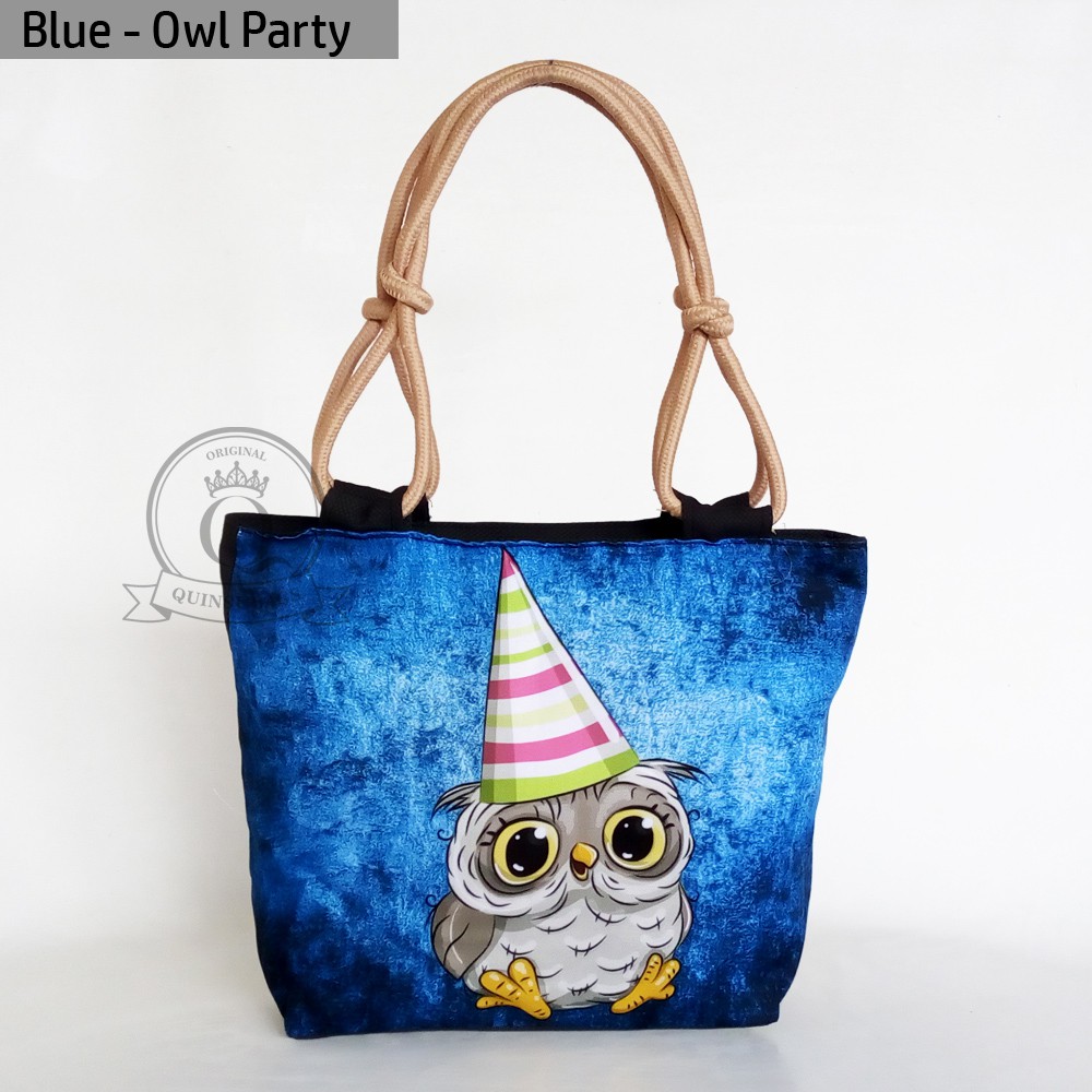 [ TERMURAH ] Tas Totebag Tali Sumbu Printing Gambar Kartun Owl Kucing Lucu