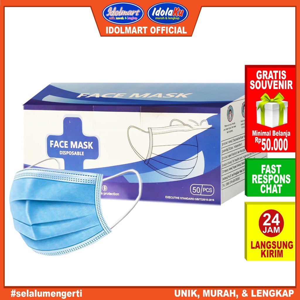 IDOLAKU Masker Disposable Protective Mask Earloop 3 PLY isi 50 Pcs/Anti Bakteri Masker