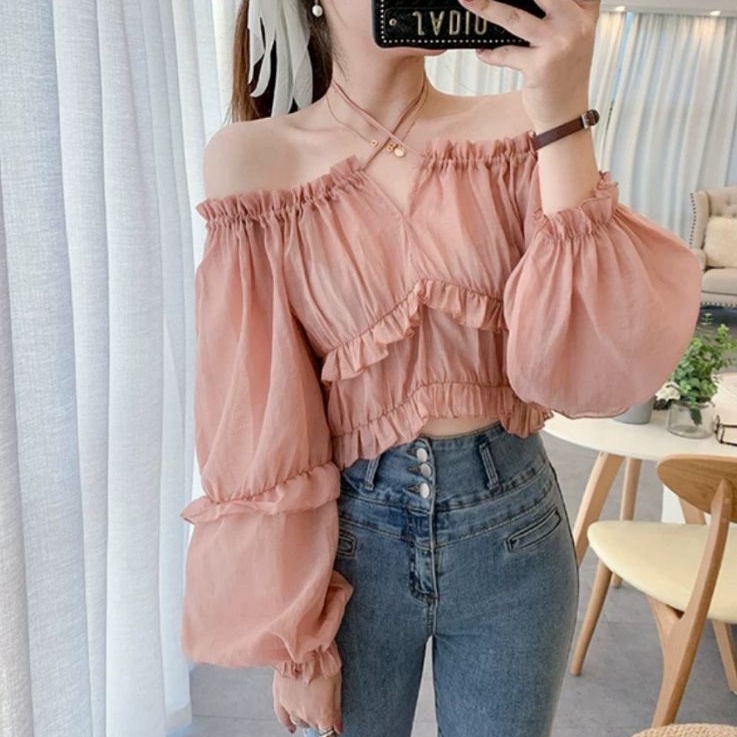 5963  Baju Blouse  blus kemeja serut lengan  karet balon polos putih Pink putih Korean style katun i