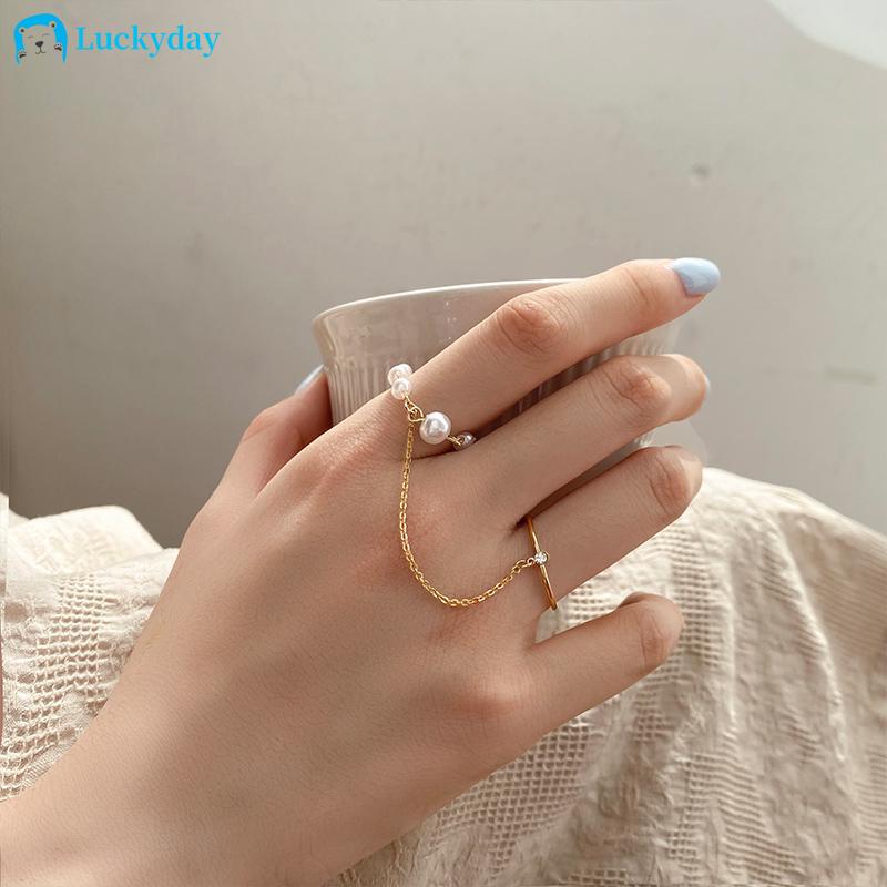YEEZII Cincin Rantai Adjustable Hias Mutiara Zircon Gaya Korea Untuk Wanita