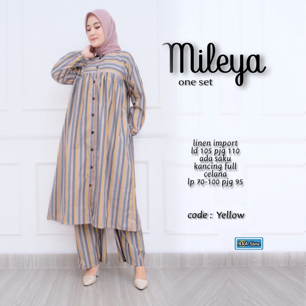 Setelan Tunik Dan Celana Wanita Mileya One Set Linen Import Premium