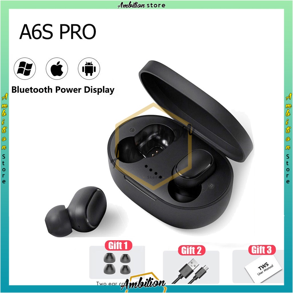 (𝓑𝓘𝓢𝓐 𝓒𝓞𝓓) Wireless Earphone Henset Water Proof Earbud 5.1 A6S Pro Headset Bluetooth  TWS with Mic 9D Bass Stereo