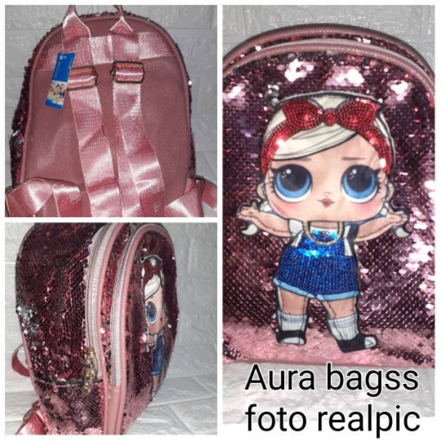 &quot;aurabagss&quot; - Tas Anak Ransel Anak Perempuan Sekolah PAUD TK Backpack Anak Perempuan &quot;SEQUIN LOL  BOM 558&quot; Ransel Sequin Usap 2 Warna Terbaru Keren