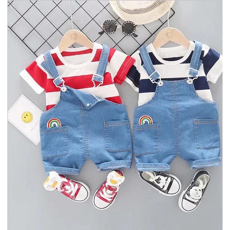 Setelan kaos dan overall bayi anak /baju setelan anak  /pakaian anak motif stripes kualitas premium