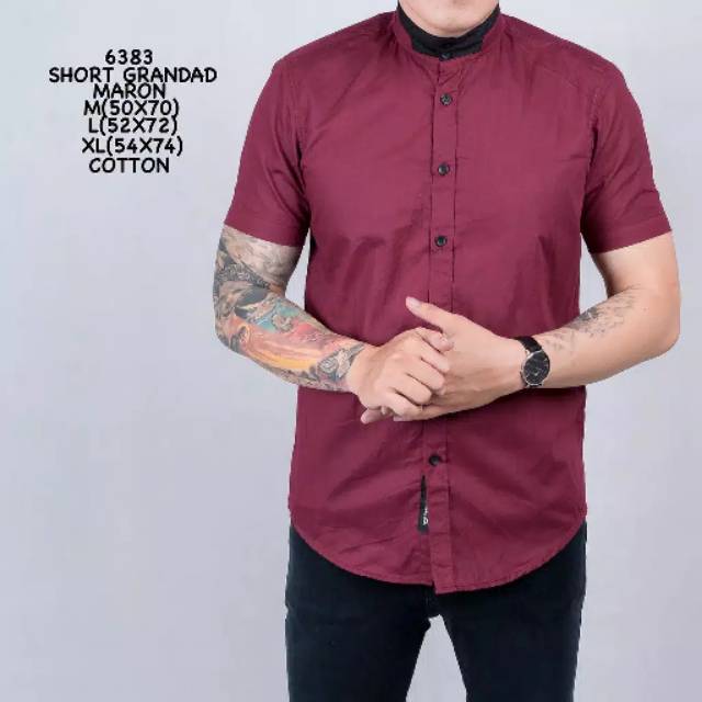 6383 Kemeja Shanghai Pria Merah Maroon Kemeja Pendek Pria