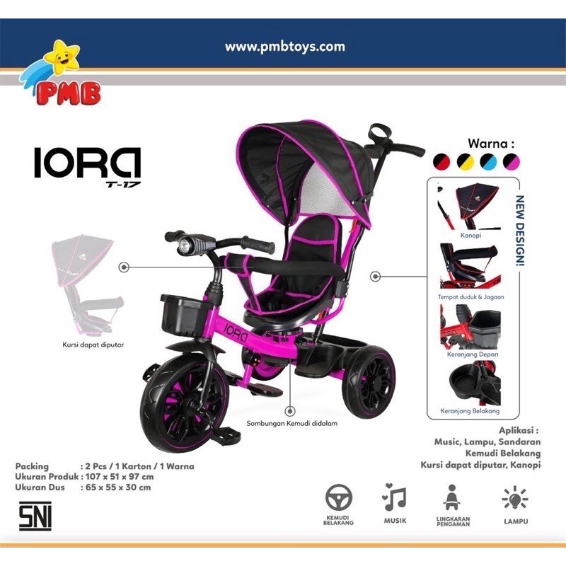 Sepeda Anak Tricycle IORA T17 PMB TOYS Roda Tiga Garansi Original SNI COD-Hitam Pink