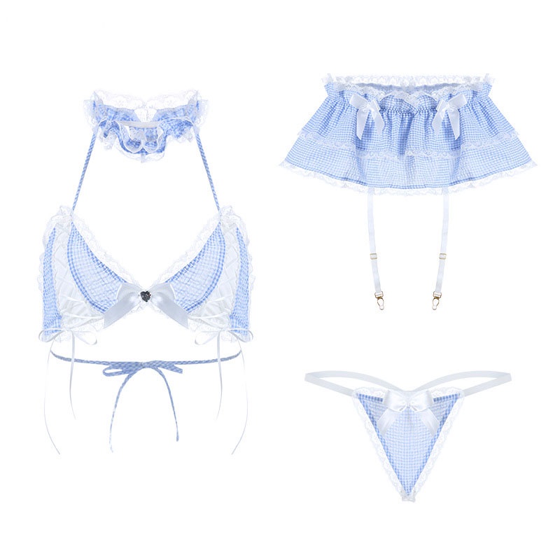 Set Lingerie Sexy  Nakal Pembantu Cosplay Seragam Rok Mini kotak-kotak dan Thong Stoking 3A391-2