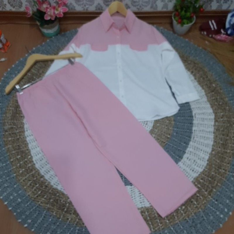 SISY ONE SET || SETELAN TUNIK WANITA || ONE SET DAILY SET BAJU WANITA ATASAN WANITA CELANA WANITA-Pink