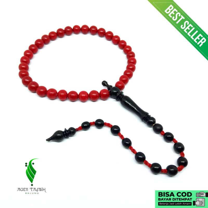 Tasbih Batu Marjan Coral Merah 33 Butir Size 8mm, Kombinasi Akar Bahar Laut Asli