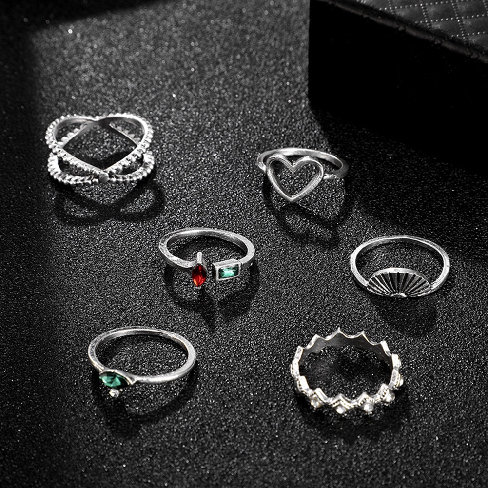 Hu Hu Hu Hu Hu Alat Bantu Pasang Kacamata♡ 6pcs Cincin Model Terbuka Desain Hati Hollow Hias Berlian Imitasi Untuk Wanita