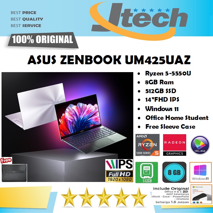 ASUS ZENBOOK UM425UAZ - RYZEN 5-5500U - 8GB - 512GB SSD - 14&quot;FHD IPS 100% sRGB - WIN11 - OFFICE