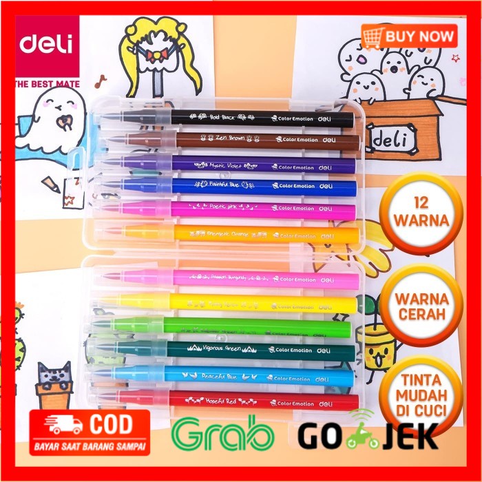 

(BISA COD) Deli EC10304 felt pen soften Brush tip 12 colors