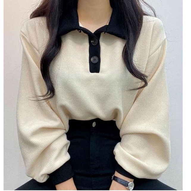 COLLAR GIRL SWEATER WANITA OVERSIZE - CREWNECK WANITA OVERSIZE - SWEATER KERAH MODEL KANCING