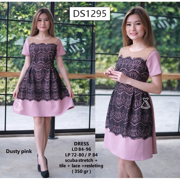 DS1295 - DRESS PESTA MIDI FLARE WANITA LACE SCUBA DRESS NATAL MODERN GROSIR MURAH