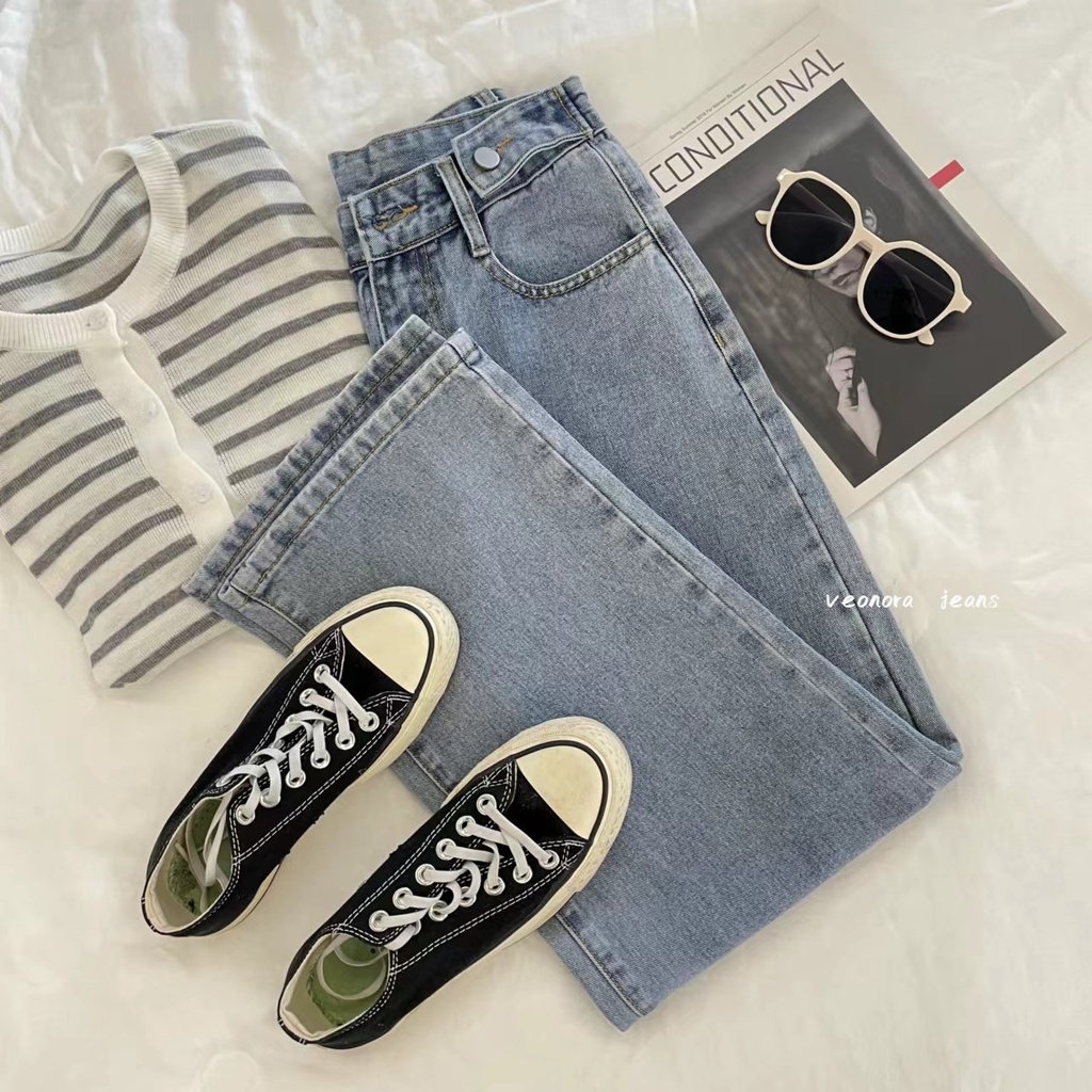 Korean Style Highwaist Straight Loose Kulot Jeans Yang Dapat Disesuaikan Bagy Boyfriend Celana Panjang Jeans Wanita