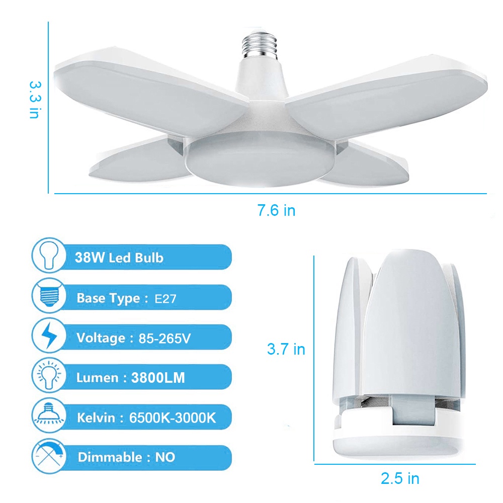 Lampu Langit-langit Garasi Led Dapat Dilipat 38W Lampu Garasi Led 3800lm dengan 4 Panel Dapat Disesuaikan 6500K Lampu Dapat Diubah Ac85-265v