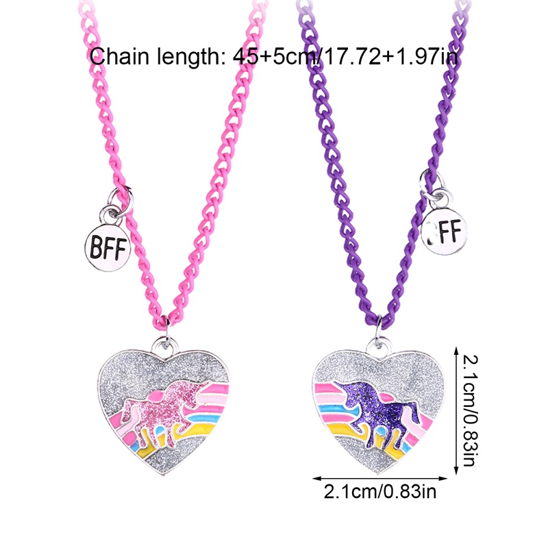 2pcs / Set Kalung Rantai Liontin Hati Unicorn Warna-Warni Untuk Wanita