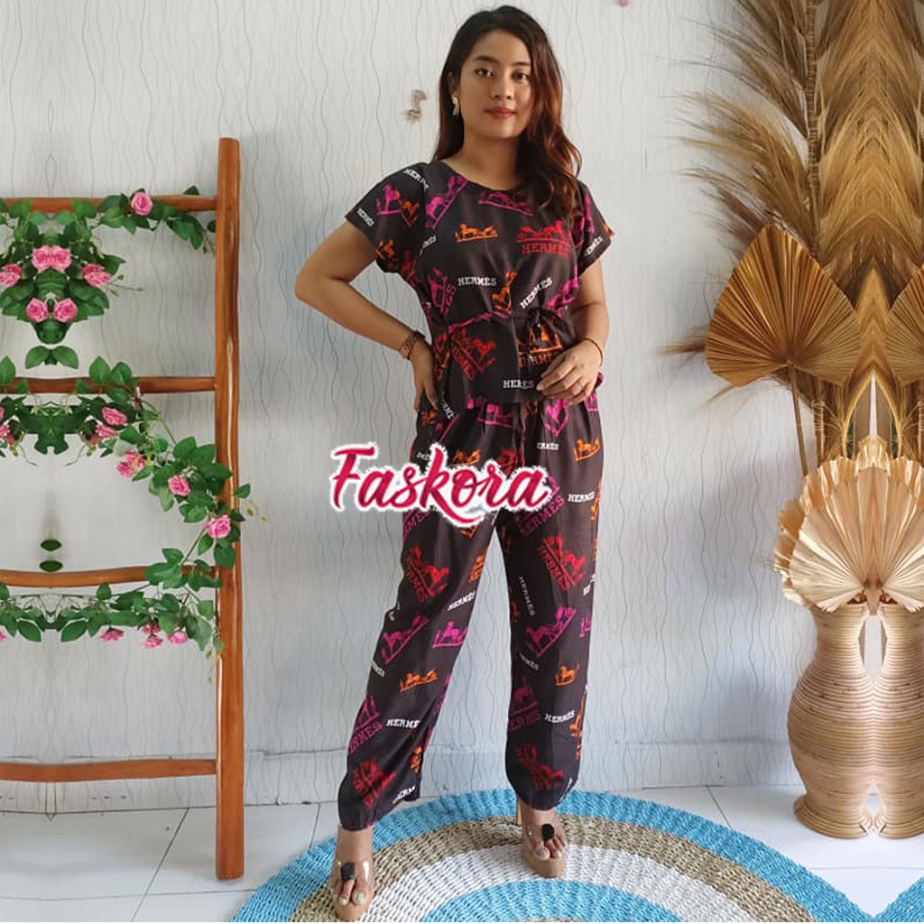 Piyama Rayon Jumbo Lengan Pendek One Set Wanita Kekinian Remaja Pajamas Polos Kombinasi Auristela-HRMS Hitam
