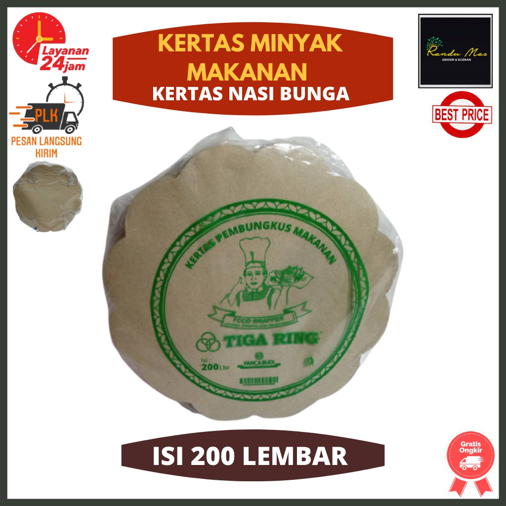 Kertas Nasi Bunga Coklat | Kertas Minyak Makanan Isi 200 Pcs Piring Kertas Alas Piring Makan Rotan