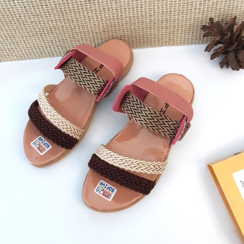 Sandal anak perempuan tali belakang slop rajut | sandal tali anak cewek slop