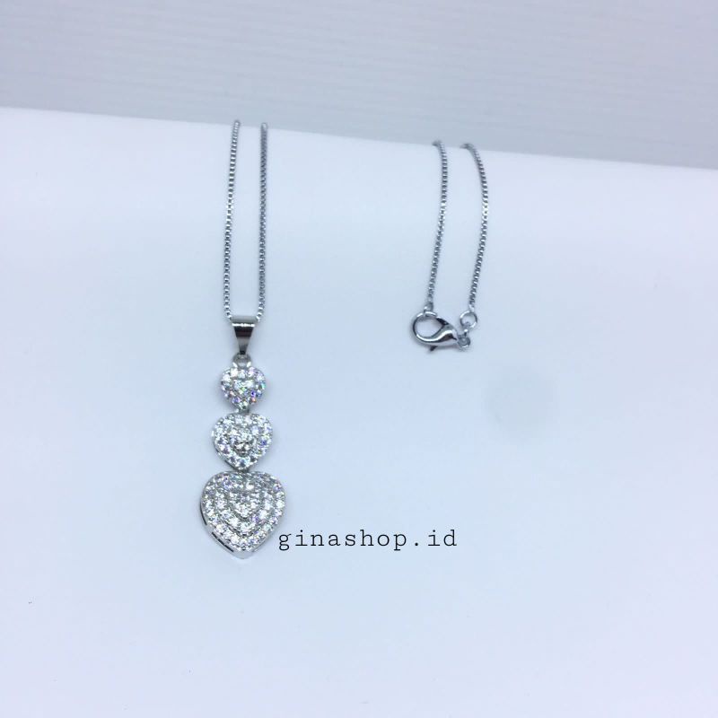 Kalung Liontin 3 Susun Love Permata Full Silver Anti Karat Elegan Termurah bisa COD✅