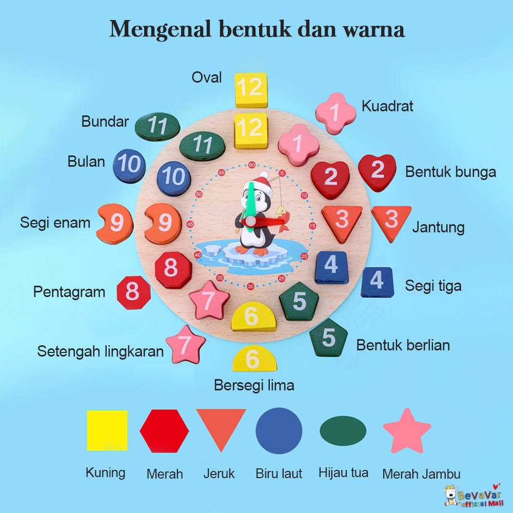 BEVAVAR Mainan Puzzle Kayu Jam Geometri Anak Penguin Beaded Clock Wooden Toys