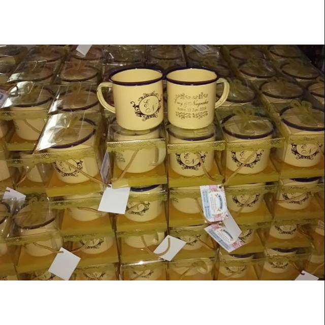Souvenir gelas mug enamel plus sablon custom nama dan logo gelas kaleng jadul  kemas mika