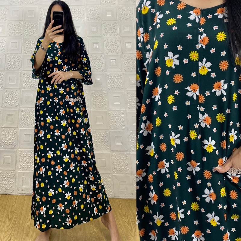 daster tangan 3/4 /tangan 7/8 / busui/panjang viral jumbo /long daster/daster 3/4 /homedress/daster semata kaki/daster gamis-Tk flowercut hijau