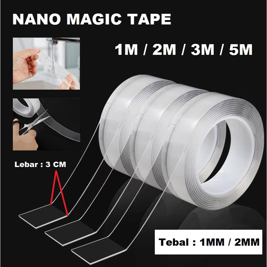 Nano Tape Reuseable Doubletape Bening Transparan 1M 2M 3M 5M Tebal 2MM / 1MM Lebar 3CM