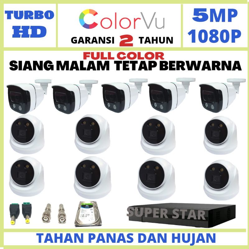PAKET CCTV COLOR VU 16 CHANNEL 13 KAMERA LENSA 5MP 1080P IR SONY GELAP TETAP BERWARNA