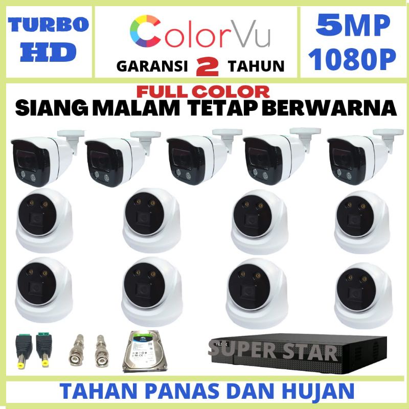 PAKET CCTV COLOR VU 16 CHANNEL 13 KAMERA LENSA 5MP 1080P IR SONY GELAP TETAP BERWARNA