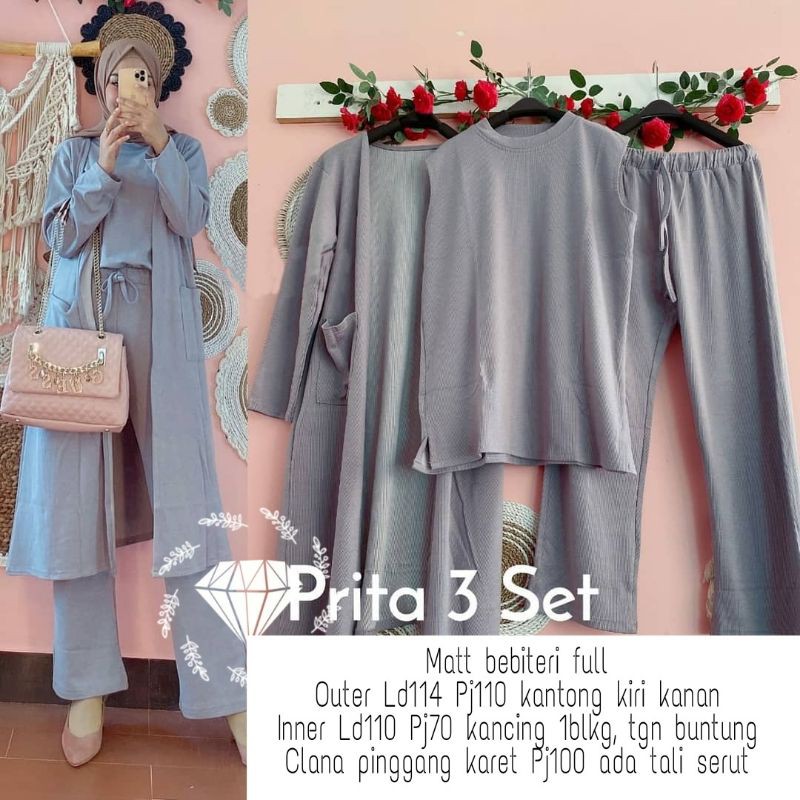 SET CELANA PRITA 3IN1, MOSCREPE, GAMIS HIJAB MUSLIM, SETELAN