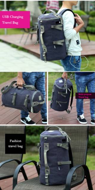 Tas Ransel Duffel Travel dengan USB Charger Port - Black Blue OMFB4KBJ