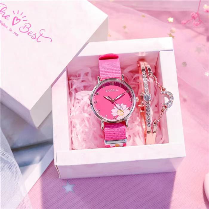 Jam Tangan Canvas Bunga Daisy Wanita Quartz Analog Casual Fashion Gaya Korea Import