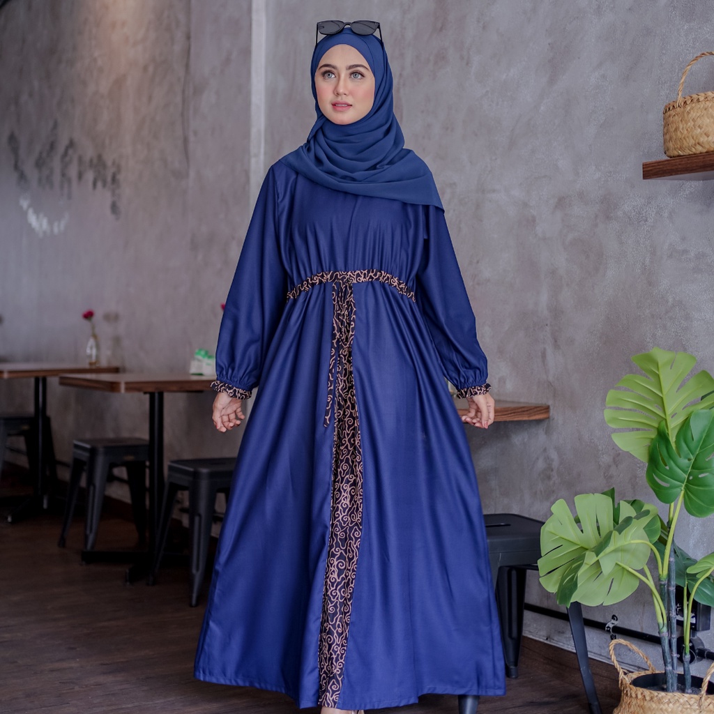 BATIK TRUSMI Dress Gamis Terusan Wanita Kombinasi Megamendung Semi Jeans