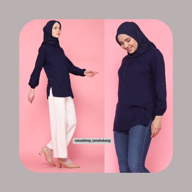 Blus Polos Navy - Blouse Polos Rayon - Atasan Wanita - Baju Kerja - Baju Kuliah - Seragam Biru Dongk