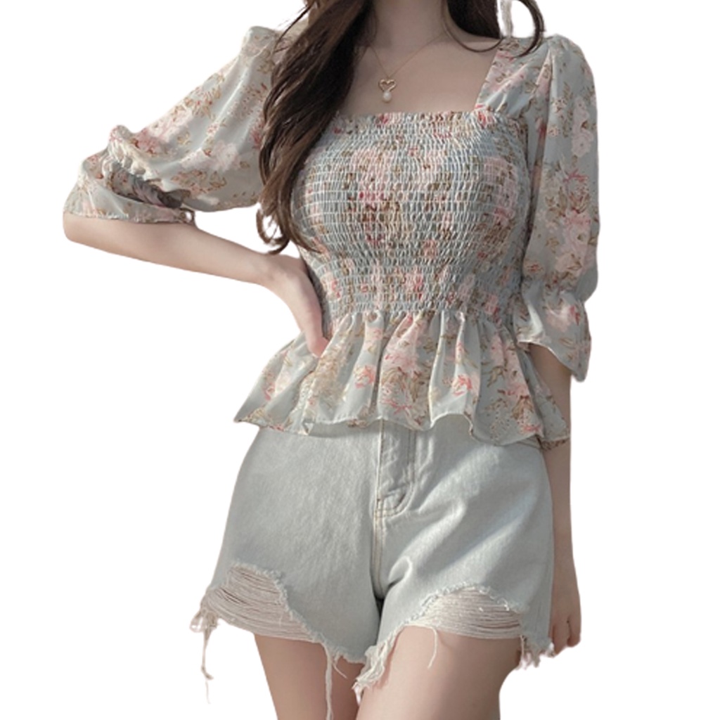 KOREAN STYLE FLORAL VINTAGE TOP BLOUSE ALA KOREA ATASAN WANITA