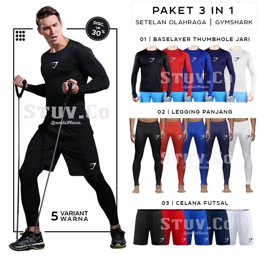 3IN1 STELAN OLAHRAGA MANSET BASELAYER THUMBHOLE  LEGGING PANJANG DAN CELANA PENDEK UNISEX