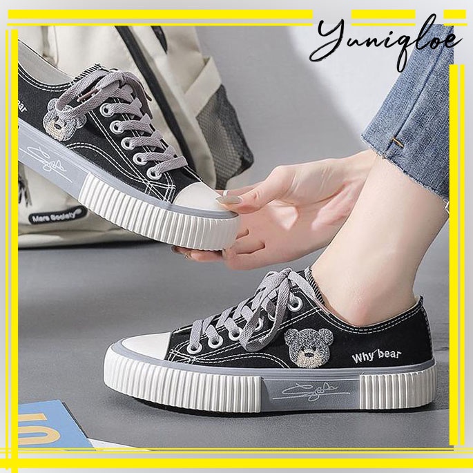 Sepatu Sneakers Korea Import Wanita Beruang Panda Bear / Sepatu Korean Style Fashion - Hitam Abu