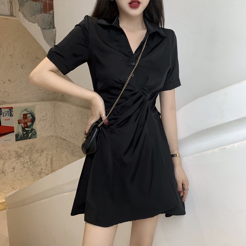 Short Sleeve V-neck Button Mini Dress Kerah Wanita Lengan Pendek 2051 ( S/M/L )