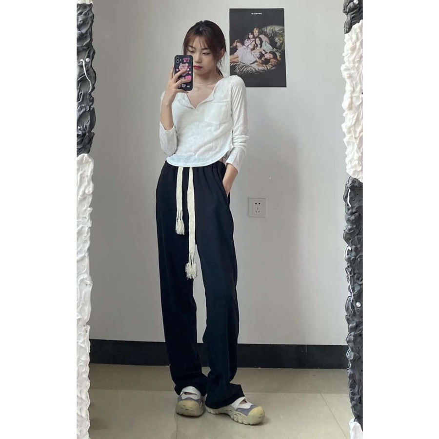 Celana Panjang Sweat Hitam Wanita Celana Olahraga Loose Highwaist Celana Jogger Tanpa Karet Casual Korean Style