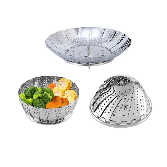 Kukusan Sayuran Stainless Steel Lipat Flexible anti Karat Saringan Kukusan Makanan jaring lipat Stainless Steel Multifungsi