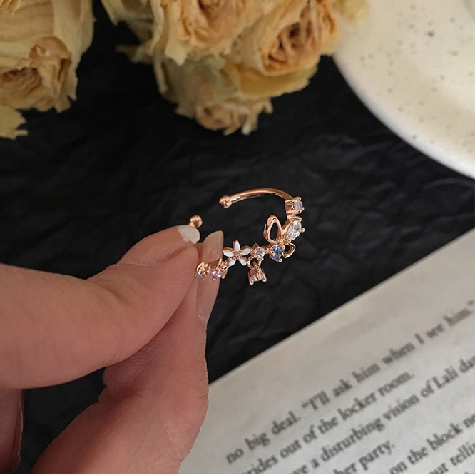 XiaoboACC Cincin Model Terbuka Desain Bunga Hias Zircon Gaya Korea Adjustable Untuk Wanita