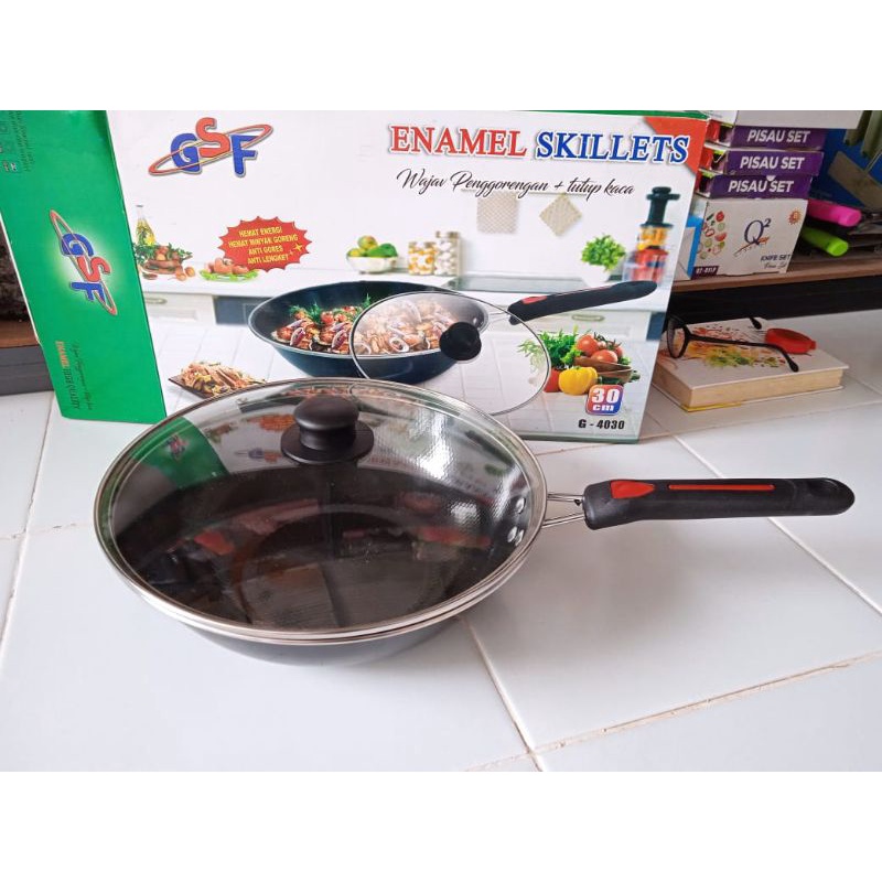Wajan Penggorengan Enamel Skillets GSF 4030 tutup kaca